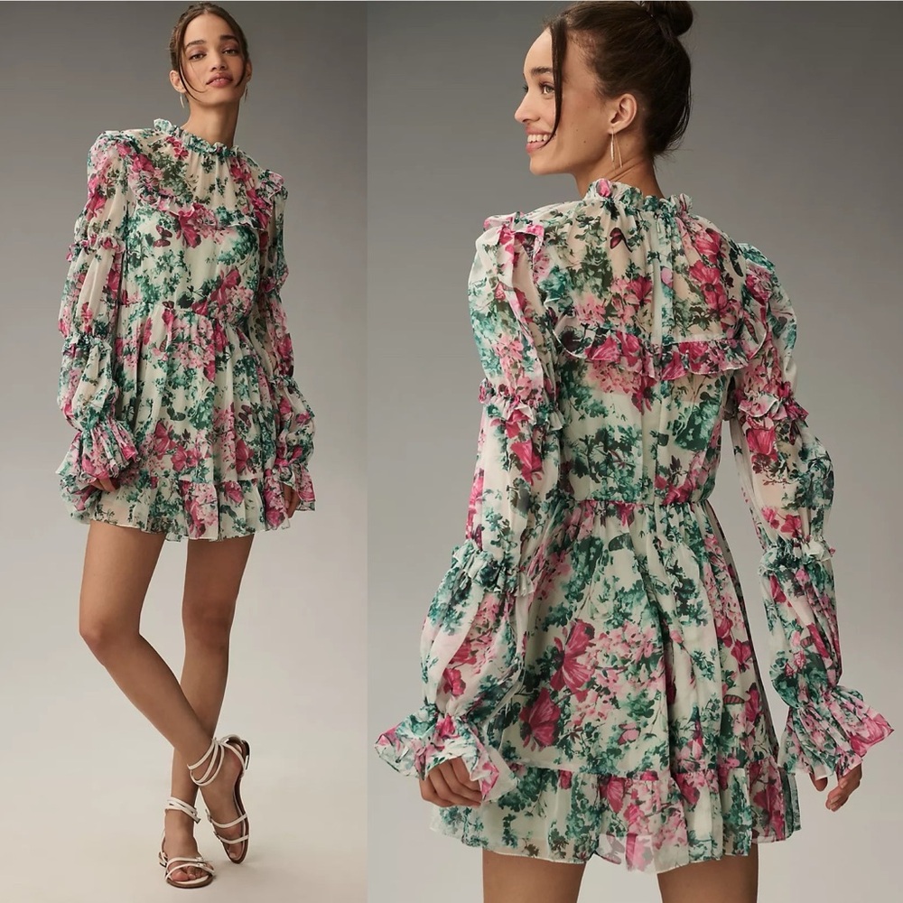 NWT Anthropologie Mac Duggal Long Sleeve Ruffled Mini Dress